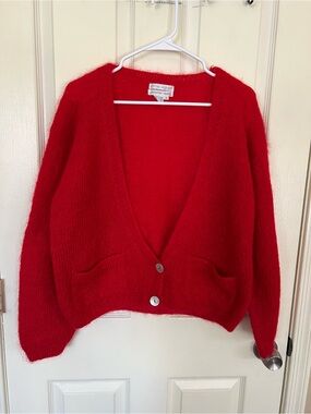 Jennifer Reed Hand Knit Red Mohair Cardigan Sweater Fuzzy Oversized Medium